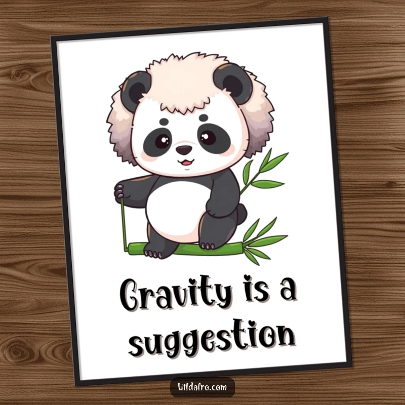 Funny panda with a large afro balancing on a bamboo stalk, a humorous and inspiring digital art print.