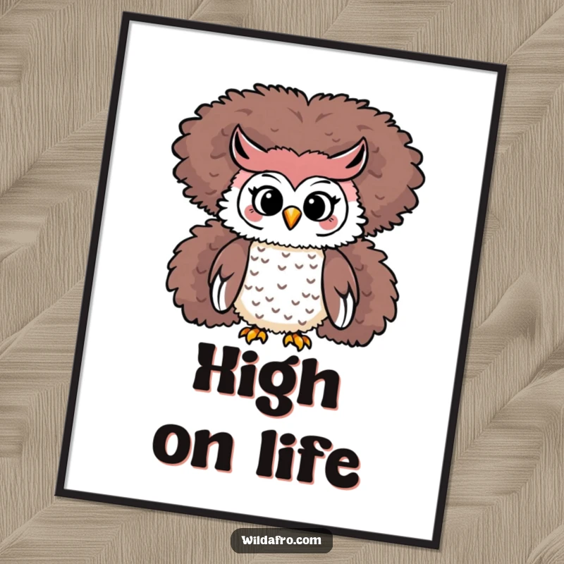 Funny Owl Afro Digital Art Print: A playful owl character perches atop a magnificent, fluffy afro.