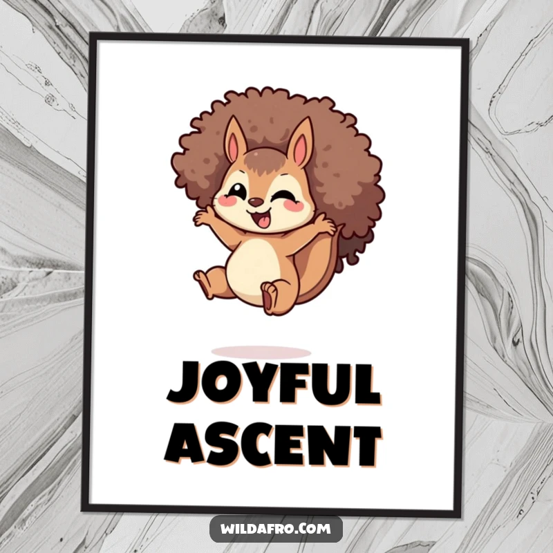 Funny Squirrel Afro Digital Art Print: A delighted squirrel with a spiraled afro, captured mid-jump, a downloadable piece of humorous and energetic art.