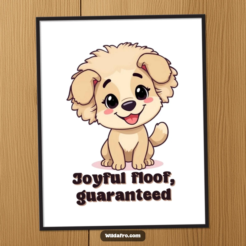 Funny dog with a bouncy afro and wagging tail rendered as a digital art print, full of happiness.