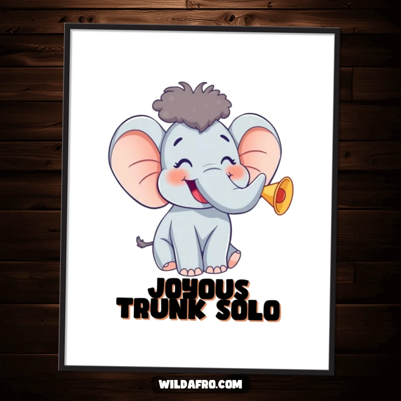 Funny Elephant Digital Art Print w/ Afro, Giggling and Trumpeting Happily, Instant Cheerful Decor