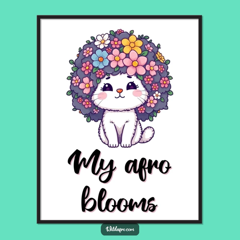Funny Cat Afro Flower Digital Art: Fluffy Character Decor with Blooming Floral Whimsy