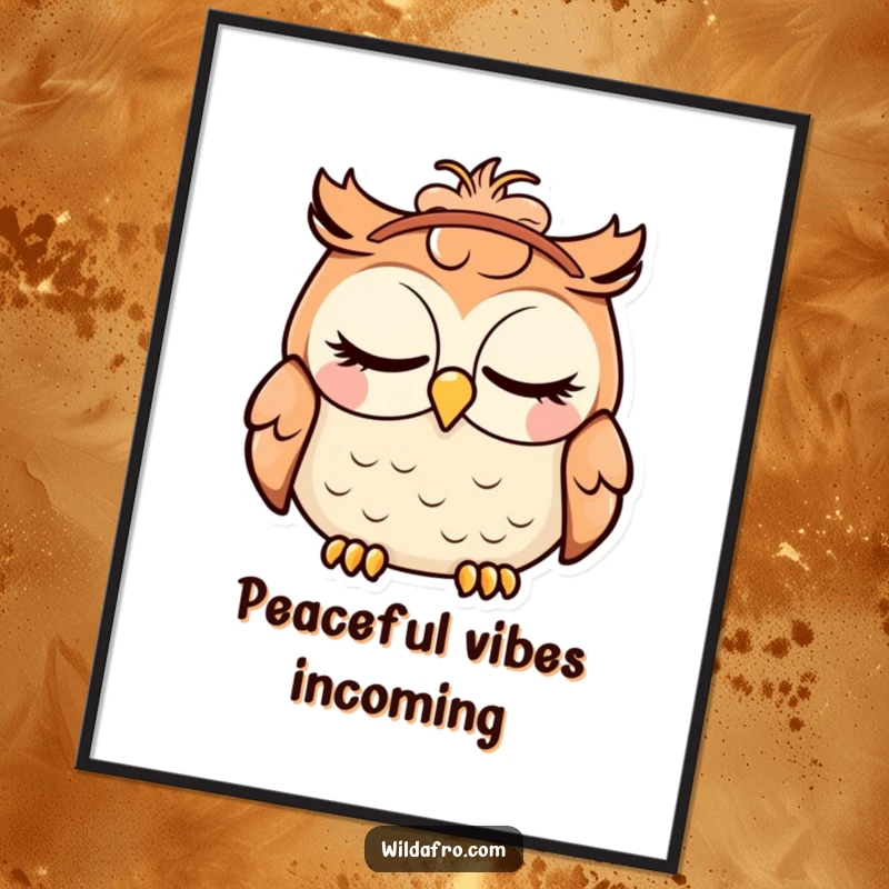 Funny digital art print of a blissful owl with closed eyes, sporting a vibrant afro headband, ready to bring humorous joy.