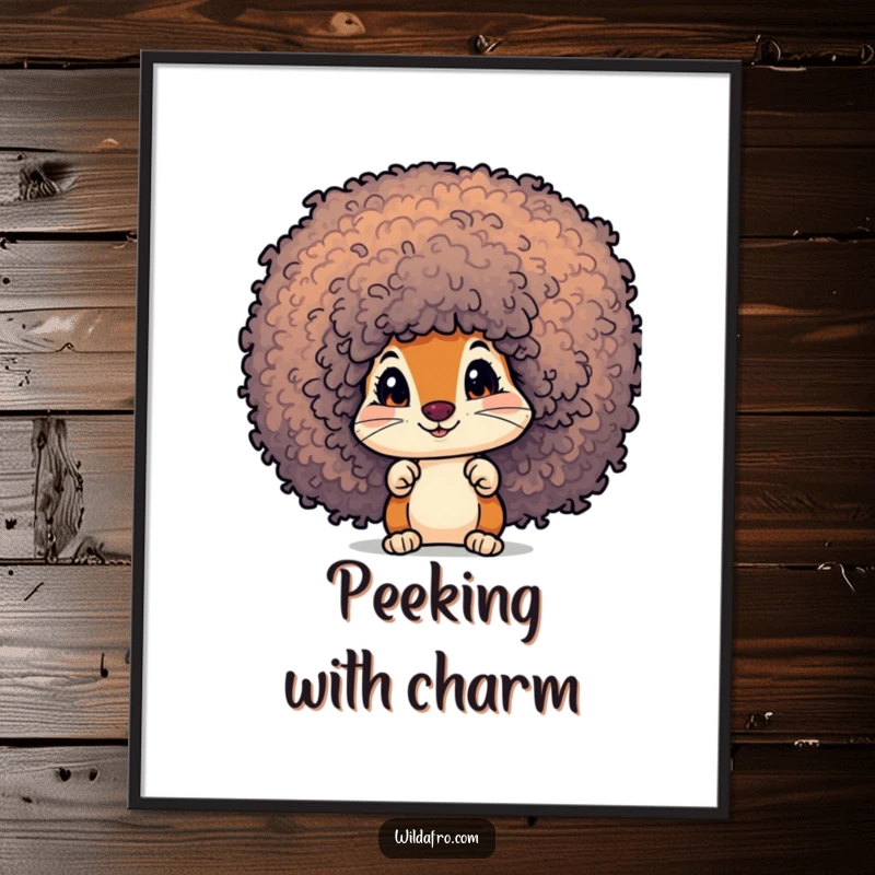 Funny Squirrel Afro Digital Art Print: A curious squirrel character peeks out from a vibrant, textured afro.