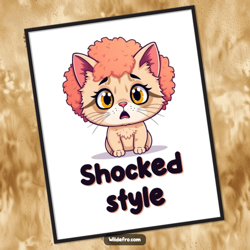 Funny surprised cat with a vibrant afro as digital art. Instant download for quirky decor.