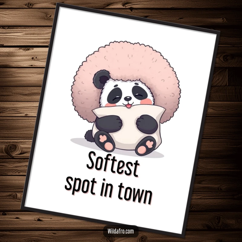 Funny panda digital art print showing a giggling panda bear cuddling a fluffy afro like a pillow, perfect for humorous decor.