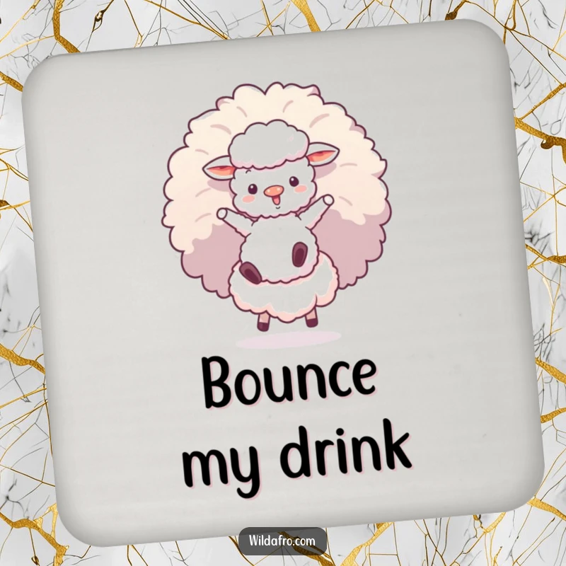 Funny drink coaster with a fluffy sheep character bouncing on a giant afro puff, a humorous accessory for tables.