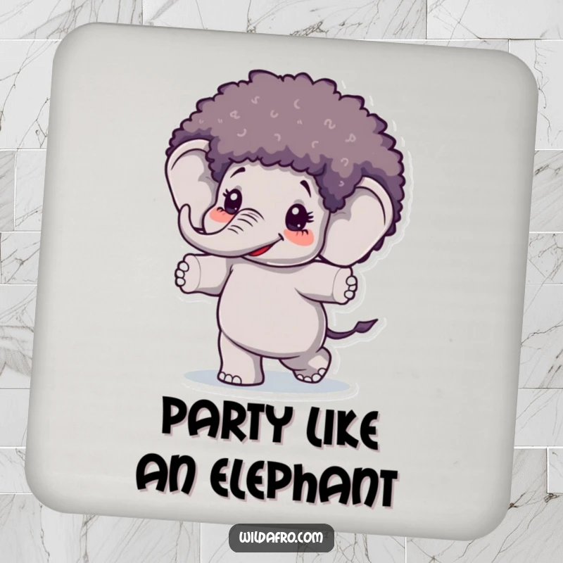 Funny Elephant Afro Wig Coasters with a happy elephant wearing an afro wig and dancing, practical and humorous for drinks.