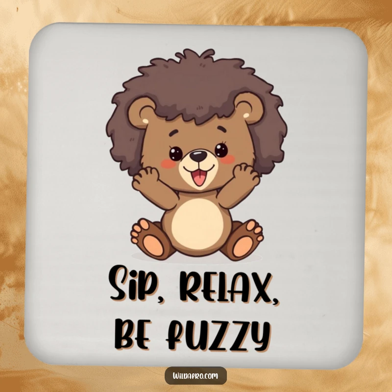 Funny bear cub with a wild afro design featured on a set of protective drink coasters.