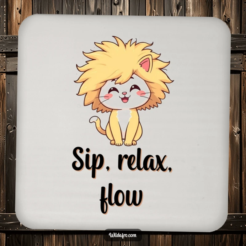 Funny cat coaster showing a happy character with a giant, windblown afro, adding a humorous touch to tabletops. Protects surfaces with style.