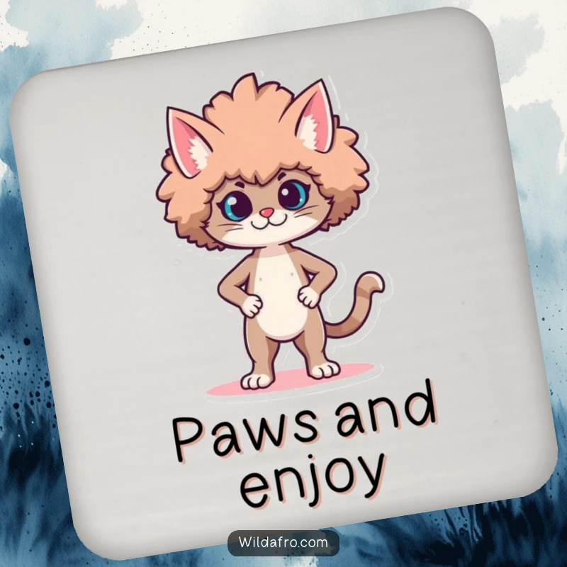 Funny coaster featuring a proud cat character strutting with a voluminous, stylized afro. Protects surfaces with style.