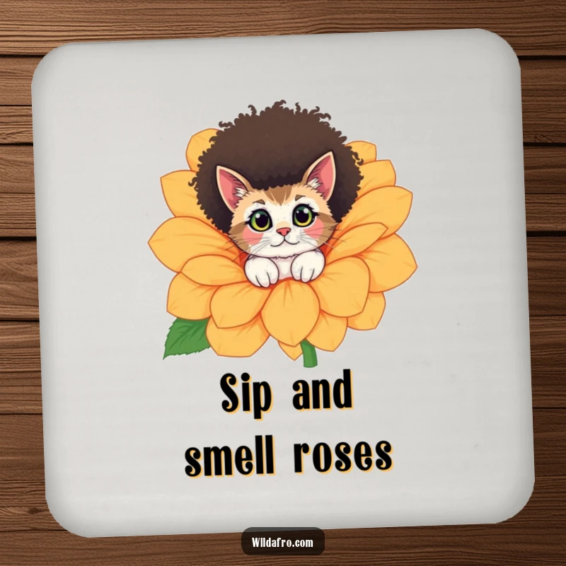 Funny cat with a cool afro peeking from a giant flower, featured on a humorous and protective drink coaster.