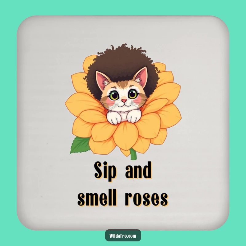 Funny Cat Afro Flower Peek Coaster - Desktop Whimsy Gift
