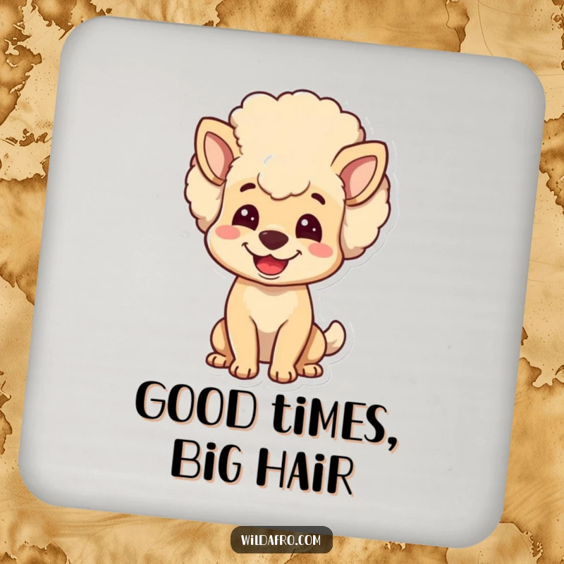 Funny dog coaster showcasing a joyful character with a big, bouncy afro head. Protects surfaces with humor and style.