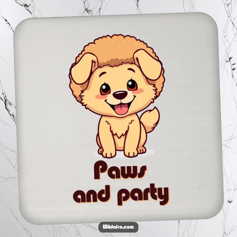 Funny Dog Afro Coasters: A happy dog character with a shimmering afro and wagging tail sits on coasters.