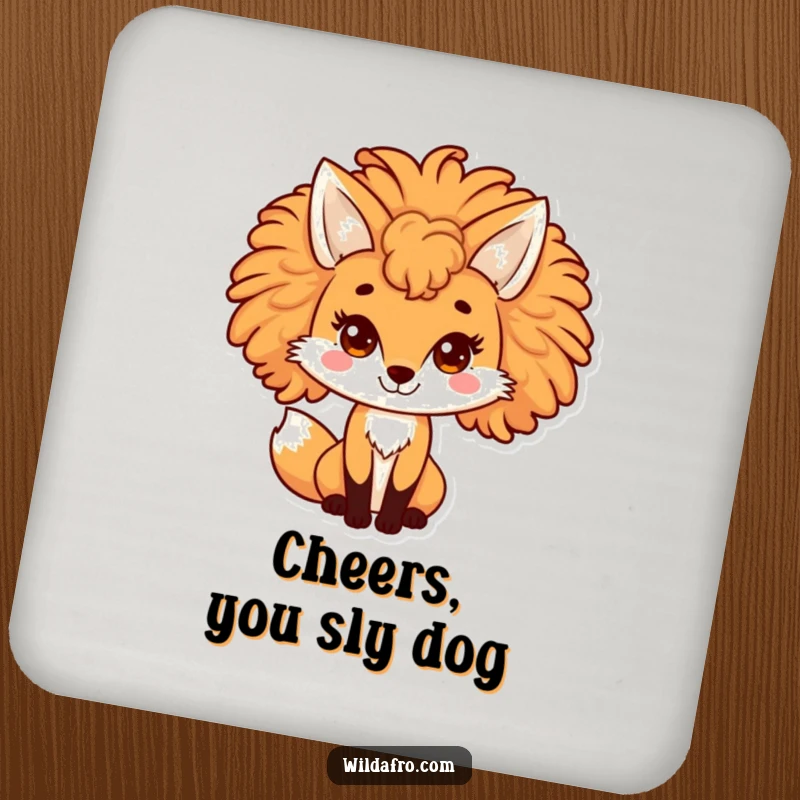 Funny fox coaster showcasing a playful character with a large, curly afro mane. Protects surfaces with humor and charming style.