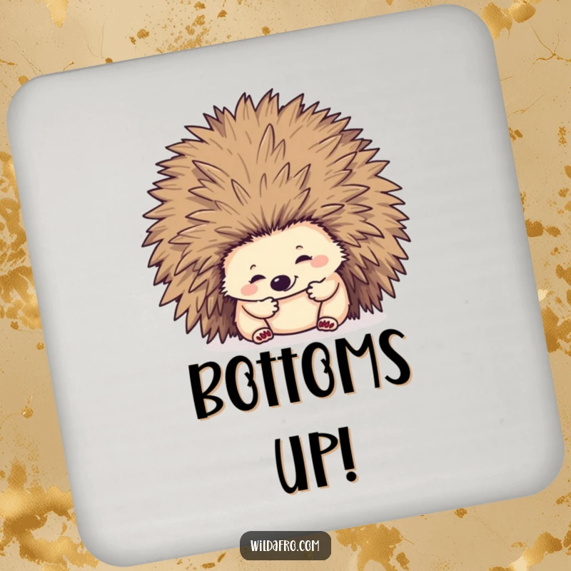 Funny hedgehog character exploring a voluminous afro hairstyle, designed as a unique drink coaster.