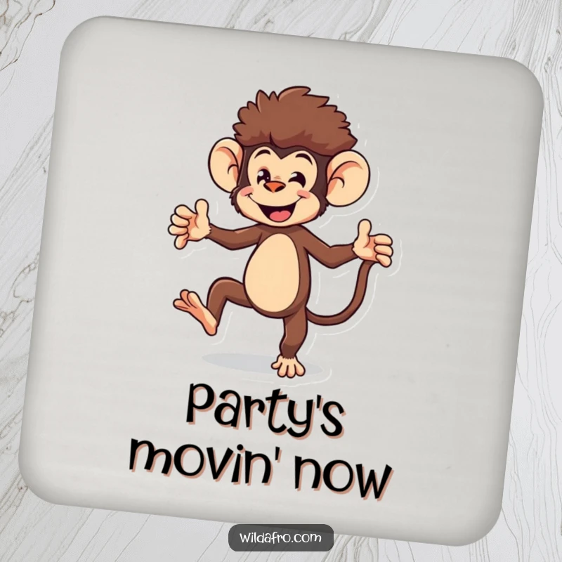Funny monkey drink coaster with an energetic monkey character with an afro doing a playful dance, protecting surfaces.