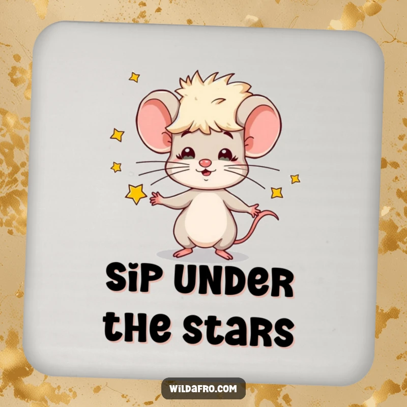 Funny drink coaster with a design of a mouse having an afro and juggling small stars to protect surfaces.