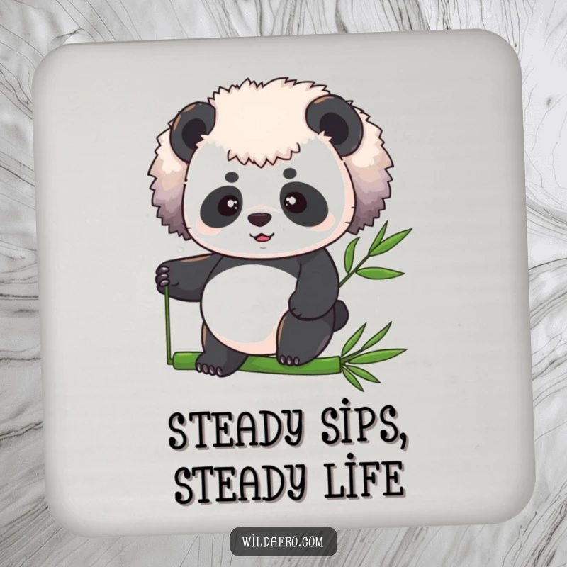 Funny panda with a fluffy afro balancing on a bamboo stalk, featured on a humorous and protective drink coaster.