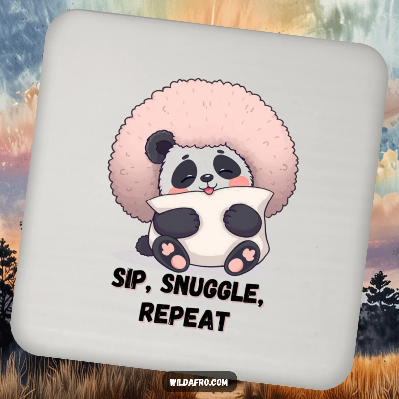 Funny panda coaster with a giggling panda bear hugging a fluffy afro like a pillow, a humorous and protective accessory.