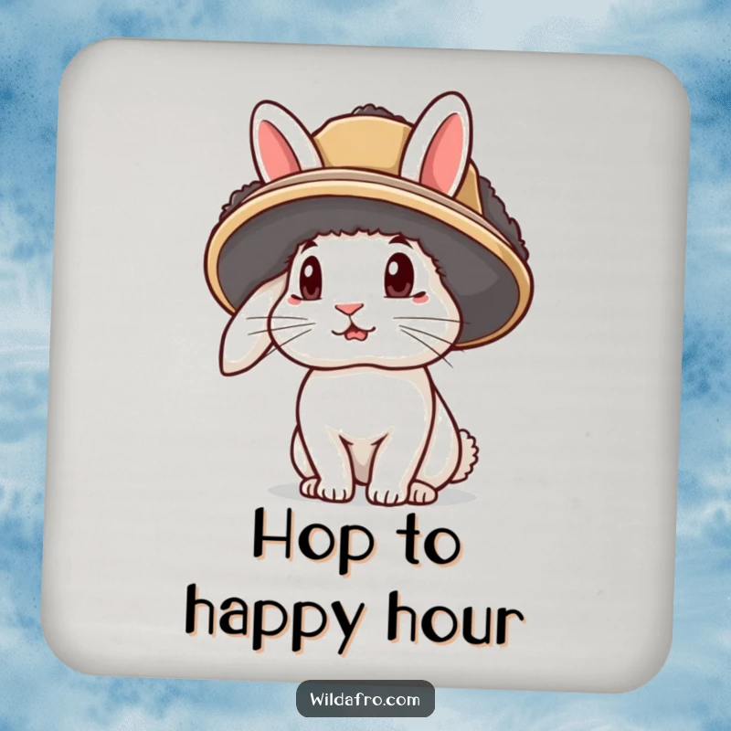 Funny rabbit coasters with a curious bunny character wearing an afro hat, ears sticking out, protecting surfaces humorously.