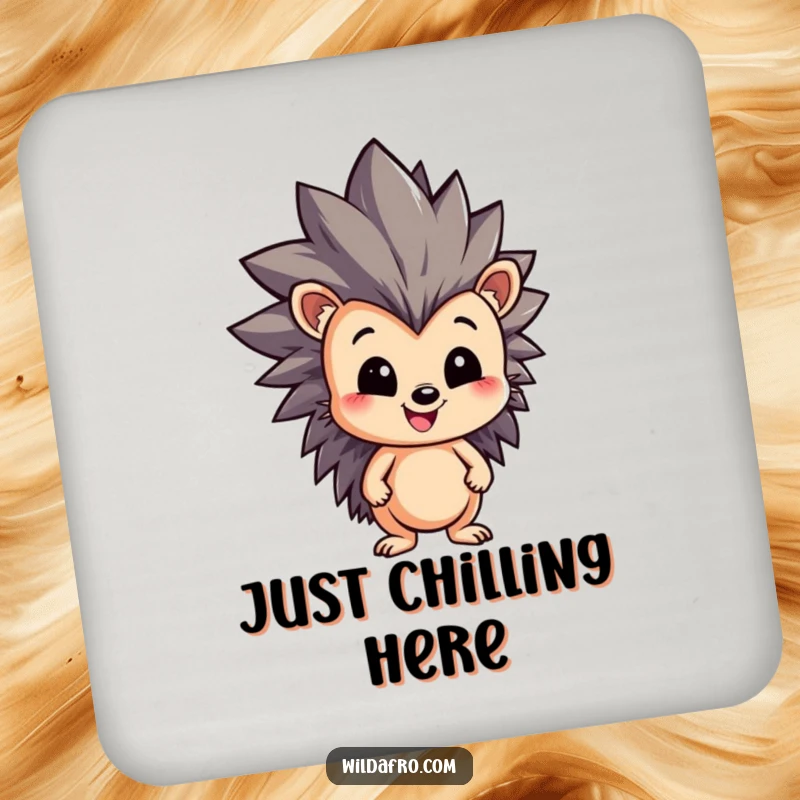 Funny Hedgehog Coaster showcasing a happy character with a dynamic, spiky afro, adding humor and style to any drink setting.