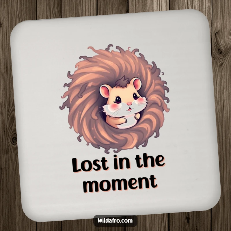 Funny hamster coaster with a curious hamster peeking from a swirling afro hair vortex, a humorous and protective accessory.