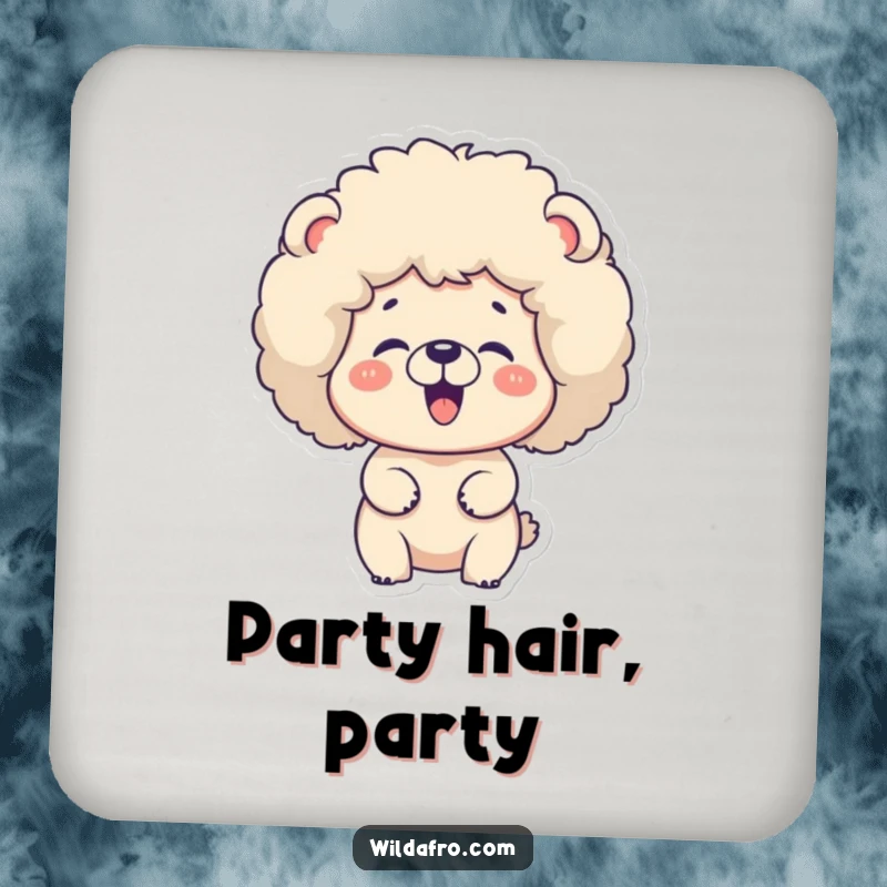 Funny bear with a fluffy afro giggling, printed on a drink coaster. A fun and funny gift.