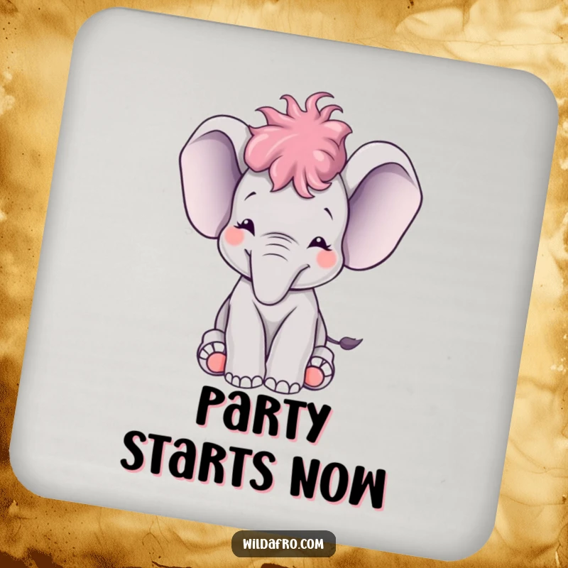 Funny baby elephant with a small afro happily trumpeting, featured on a humorous and protective drink coaster.