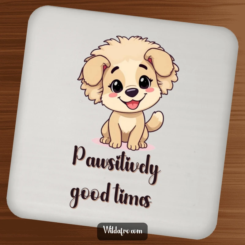 Funny dog with a bouncy afro and wagging tail featured on a set of protective drink coasters.