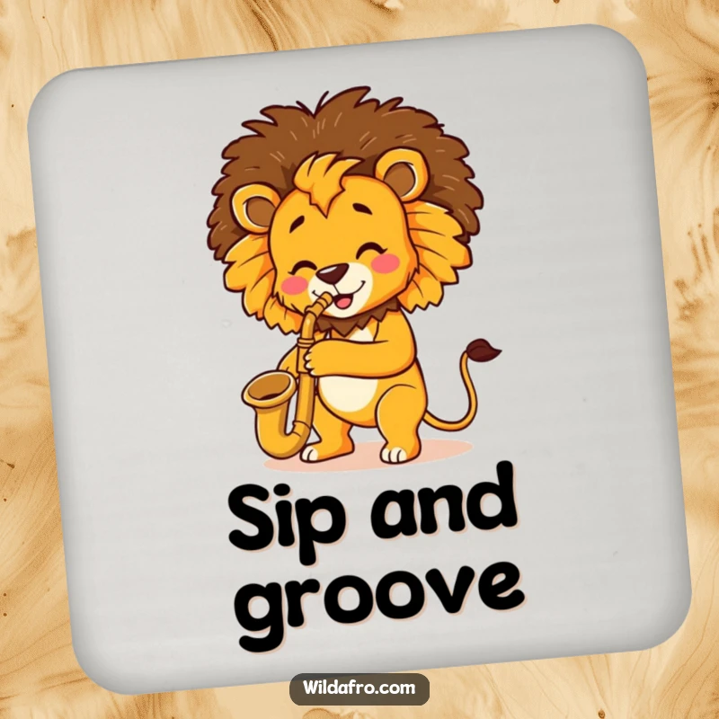 Funny Lion Saxophone Afro Coasters with a cheerful lion playing a saxophone and sporting a groovy afro, perfect for drinks.