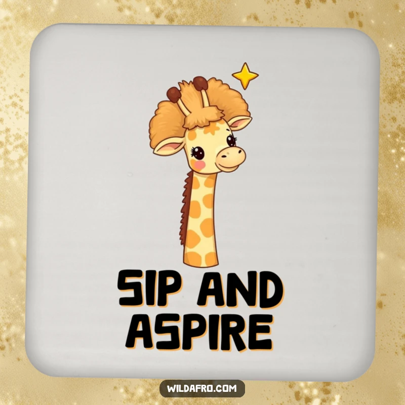 Funny giraffe drink coaster, a cheerful giraffe with a tall afro reaching for a star, adding whimsical fun.