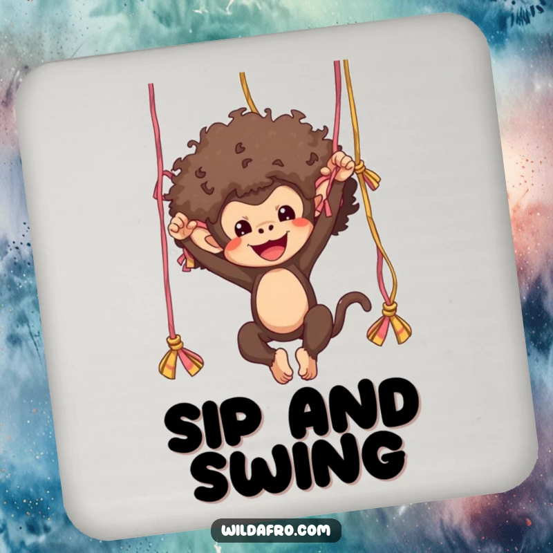 Funny monkey with a jazzy afro swinging from yarn strands, featured on a humorous and protective drink coaster.