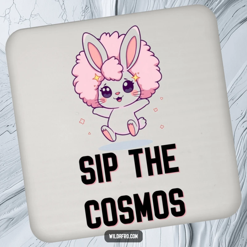 Funny Drink Coasters featuring a cute, bouncing bunny character with a huge afro and wide, star-filled eyes, offering charming protection.