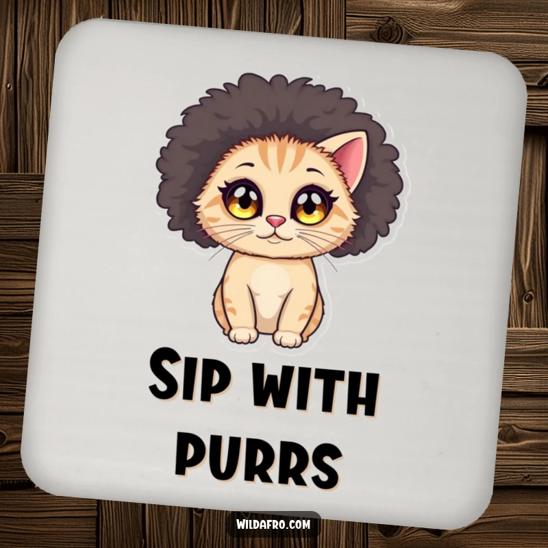 Funny cat afro drink coasters showing a round cat with big, sparkling eyes, wearing a voluminous afro wig.