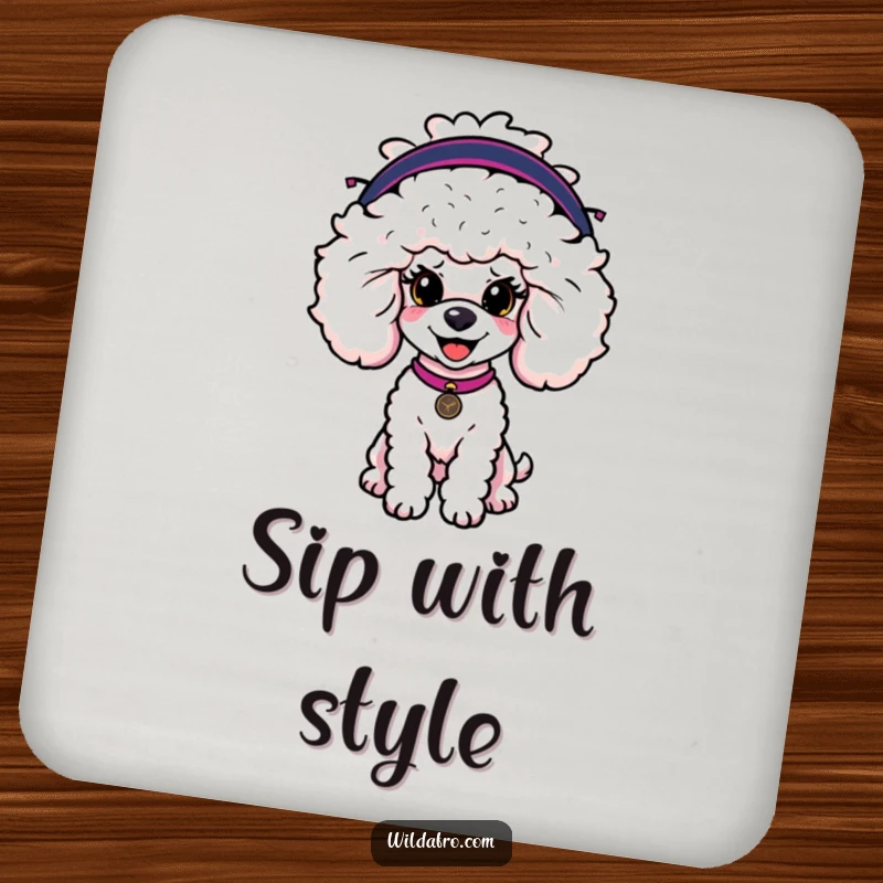 Funny poodle coasters featuring a happy dog character with a large, fashionable afro wig, protecting surfaces with humor.