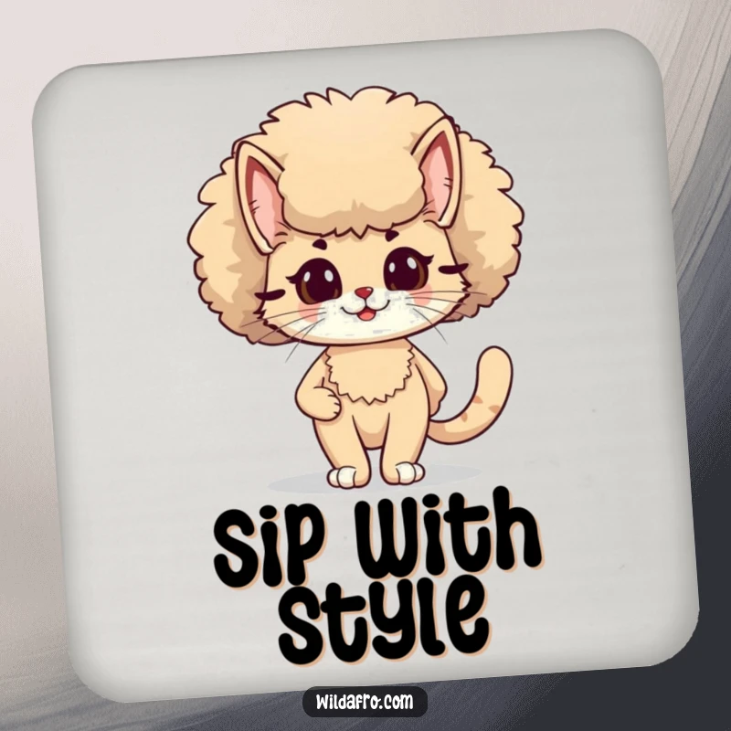 Funny cat with a large, fluffy afro on a coaster, exuding confidence and 70s style, a chic funny gift.