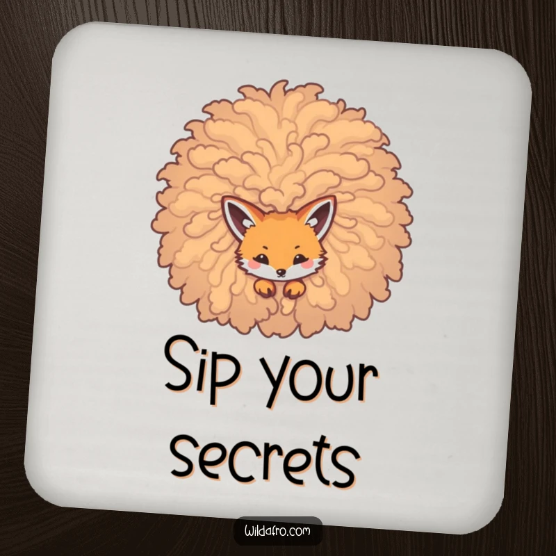 Funny drink coaster featuring a sly fox peeking from a huge, curly afro, protecting surfaces with humor.