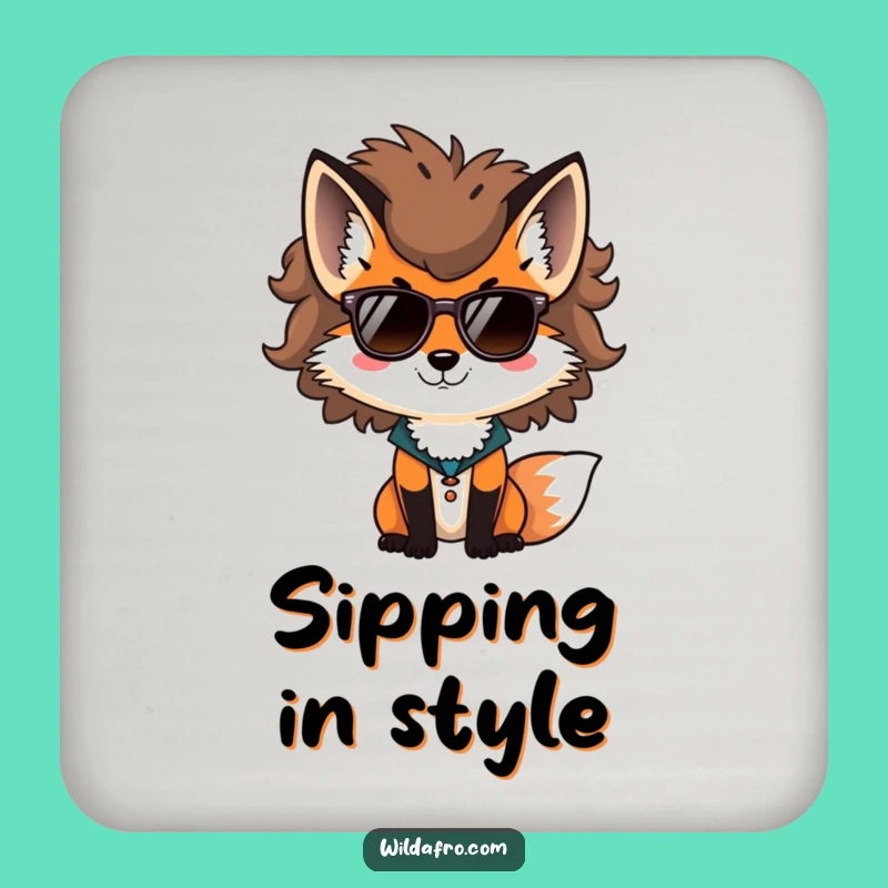 Funny Fox Afro Sunglasses Coaster, Cool Drink Art, Hilarious Home Bar Gift