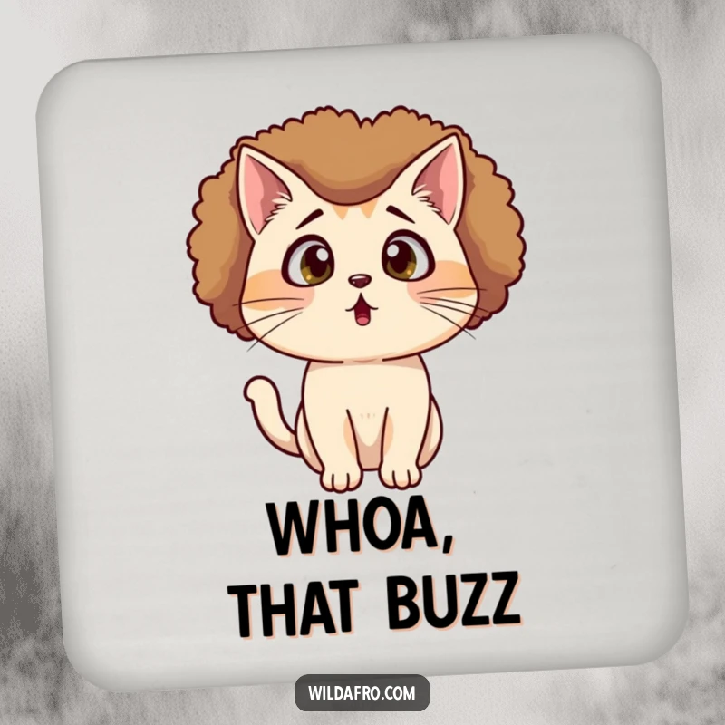 Funny Cat Afro Coasters with a surprised cat wearing an afro wig and looking shocked, practical and humorous for drinks.