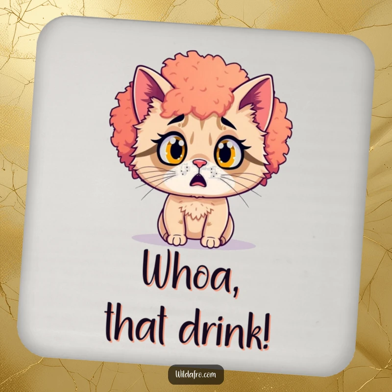 Funny surprised cat with a vibrant afro on a drink coaster. A fun and funny gift.