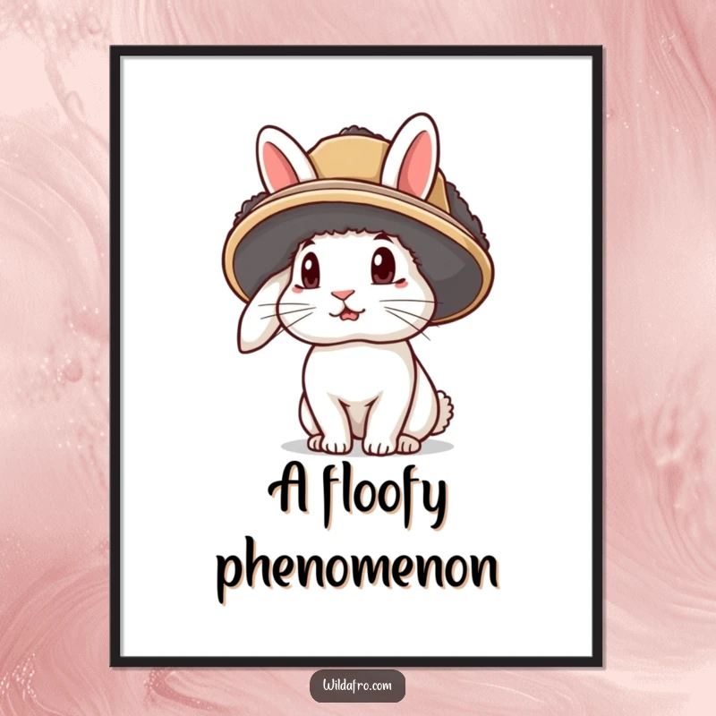 Funny rabbit poster featuring a curious bunny wearing a colorful afro hat, ears peeking out, adding humor to decor.