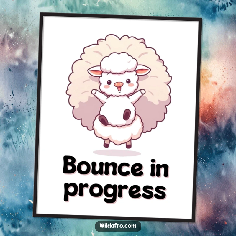 Funny poster showing a fluffy sheep character bouncing on a large afro puff, perfect for retro and humorous wall decor.