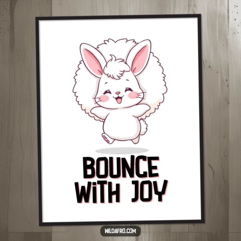 Funny bunny afro poster showing a fluffy bunny with rosy cheeks happily bouncing with a giant afro puff.