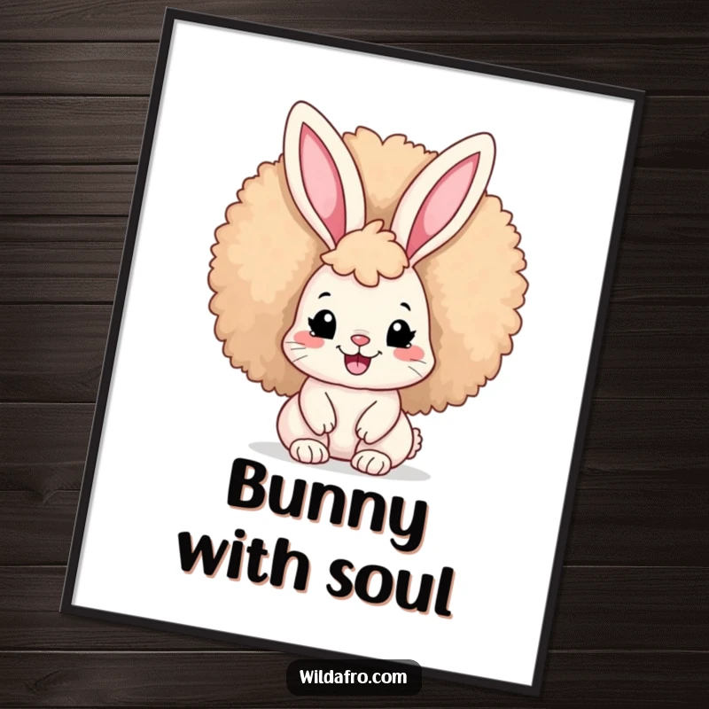 Funny Afro Bunny Poster featuring a cute bunny with a voluminous afro hairstyle, smiling broadly, perfect for adding cheerful decor.