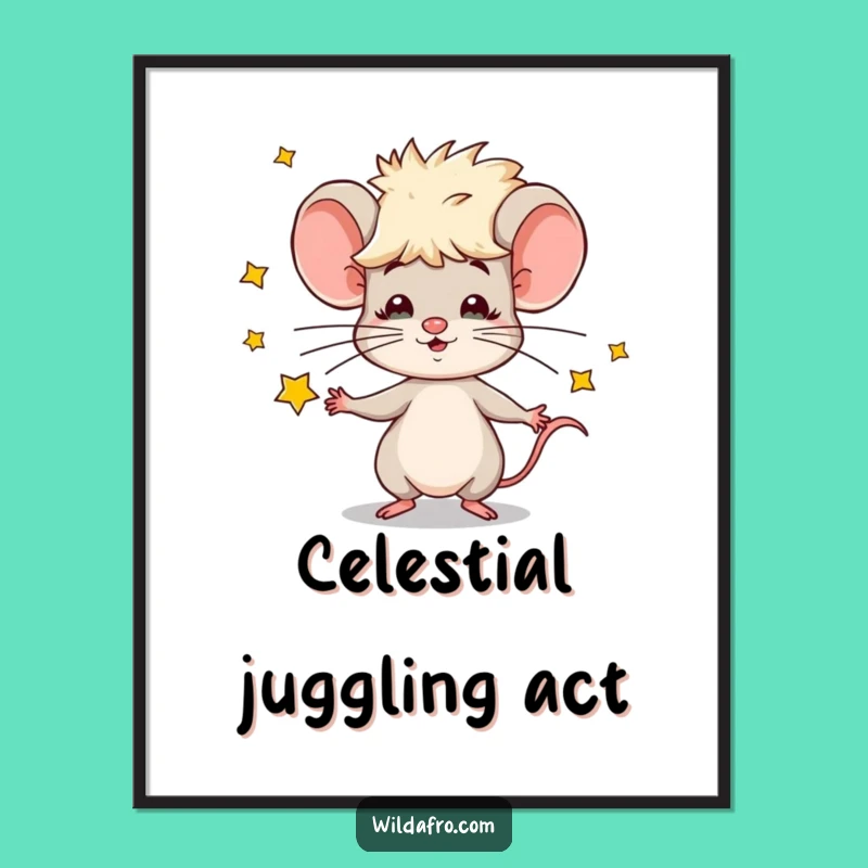 Funny Mouse Juggling Stars Poster - Whimsical Wall Art for a Cosmic Vibe