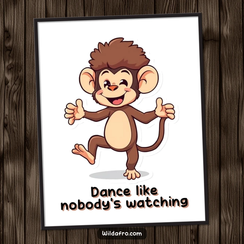 Funny monkey poster depicting an energetic monkey character with an afro doing a fun, playful dance, radiating joy.