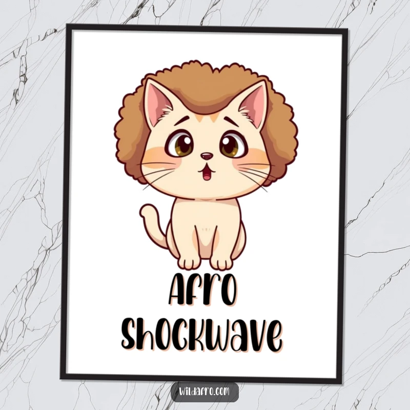 Funny Cat Afro Poster featuring a surprised cat with wide eyes wearing a large afro, expressing shock and amusement on walls.