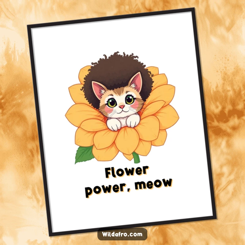 Funny cat with a stylish afro peeking from a large flower, creating a whimsical and humorous piece of wall art.